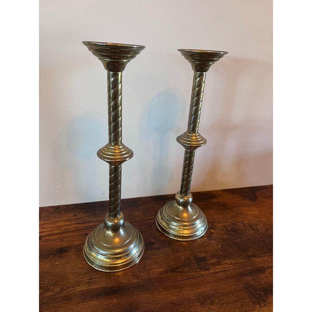 Pair Vintage 15” Brass Candlestick Holders Solid Gothic Large Altar Classic